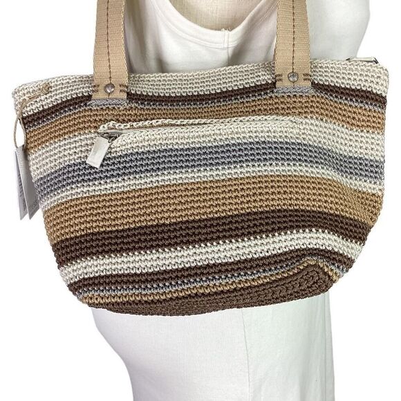 The Sak Tote Small Brown Mendocino Stripe Crochet Double Strap Zip Vegan NEW - Picture 2 of 12